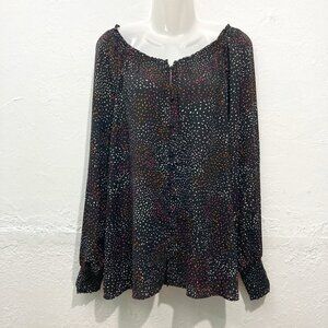 Joan Vass New York Long Sleeve Top Black Multi Freckles Fairy Elastic Neck 1X